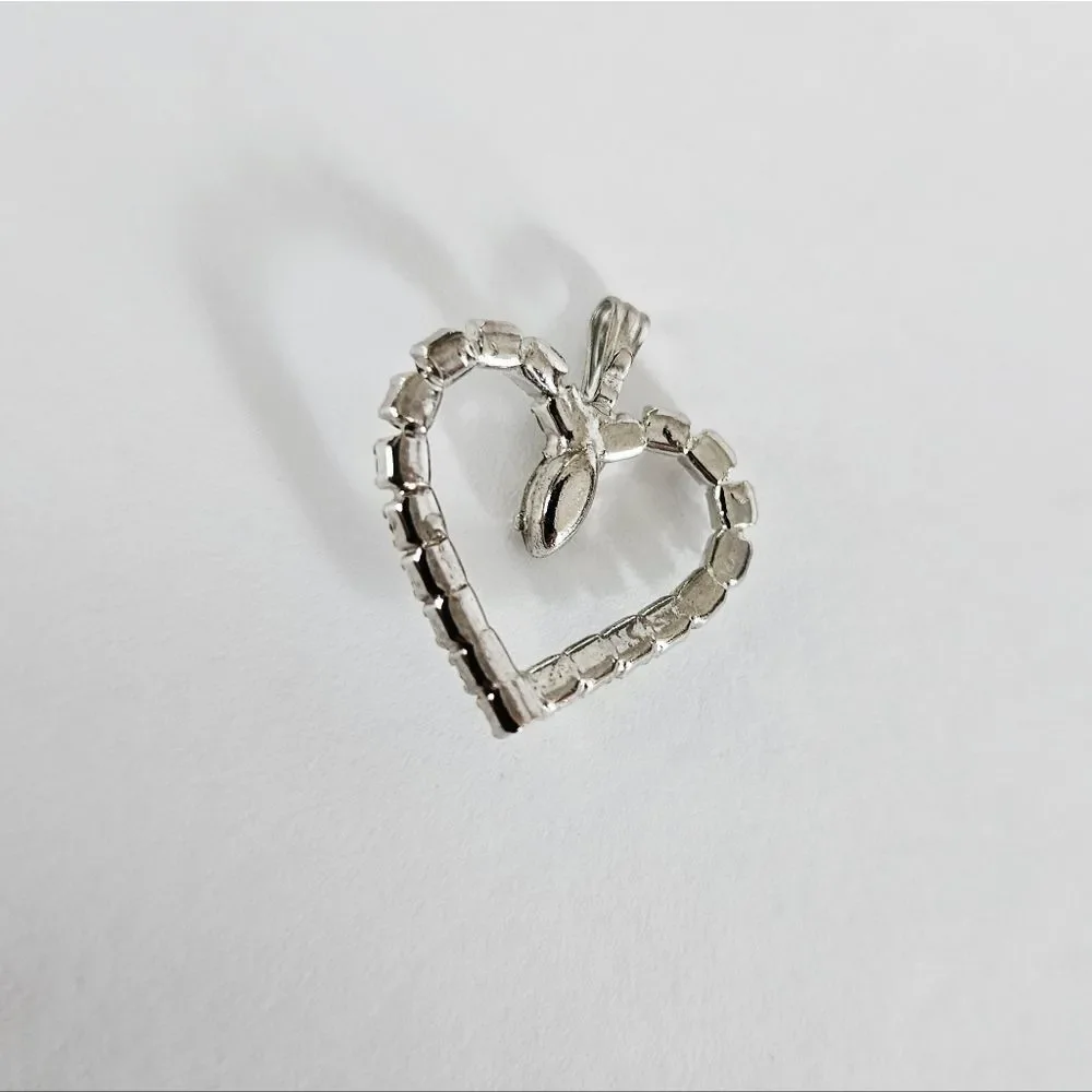 Vintage Silver Tone Openwork Prong Set Clear Rhinestone Love Heart Pendant Charm